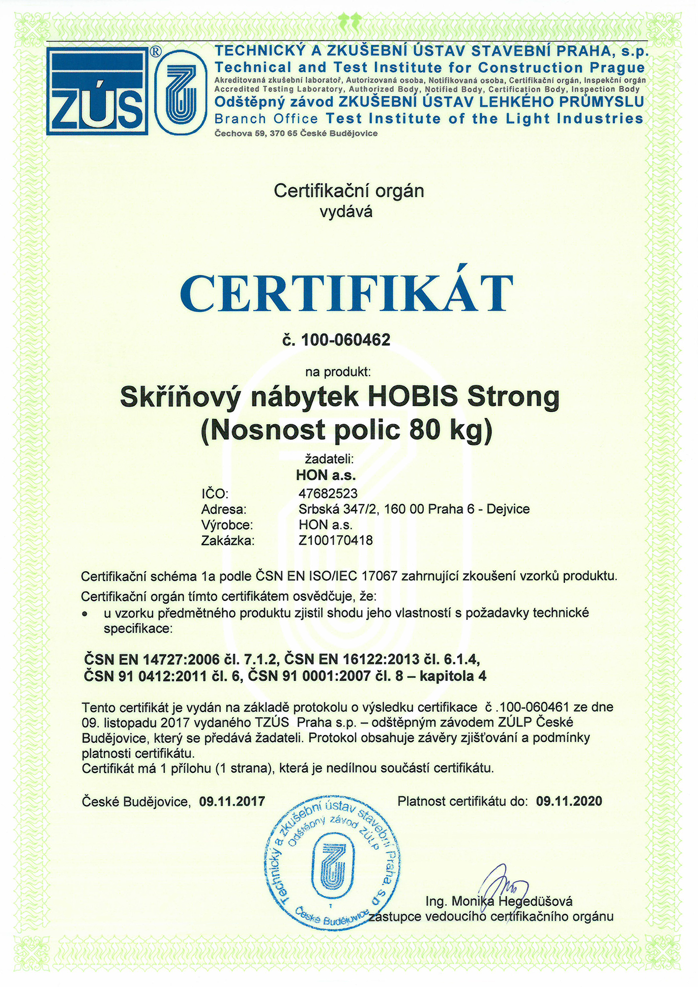 Certifikát státní zkušebny — skříně HOBIS Strong NH 400 800 50