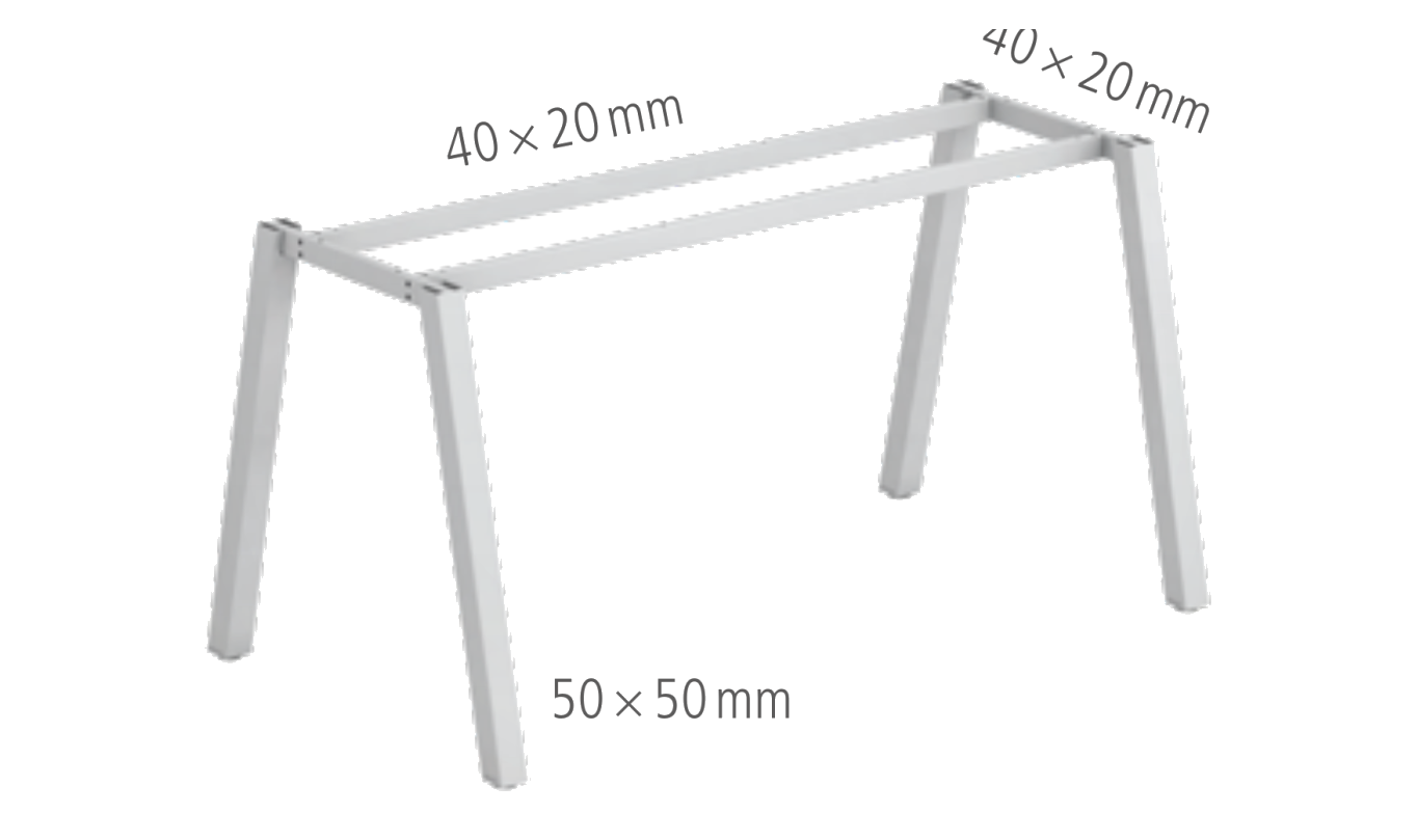 Nákres kovové podnože ve tvaru A stolu HOBIS Uni A UE A 1200 R — profil 50 × 50 mm, spojovací profily 40 × 20 mm